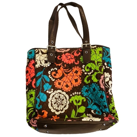 Vera Bradley Handbags - Vera Bradley Floral Quilted Brown LOLA Tote Purse Handbag Leather Straps Bottom